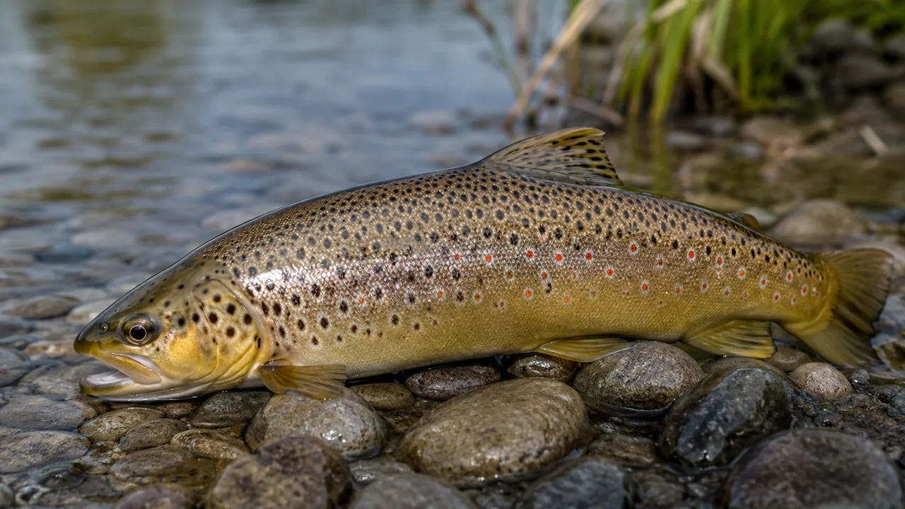 Bachforelle mit roten Punkten auf Flusssteinen