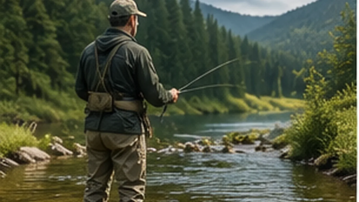 Fliegenfischen auf Forelle am Fluss