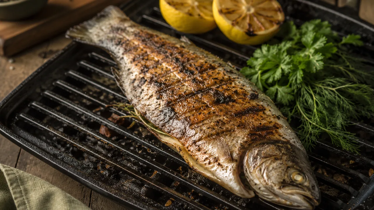 Gegrillte Forelle mit Grillstreifen auf der Grillpfanne mit Zitrone und Kräutern