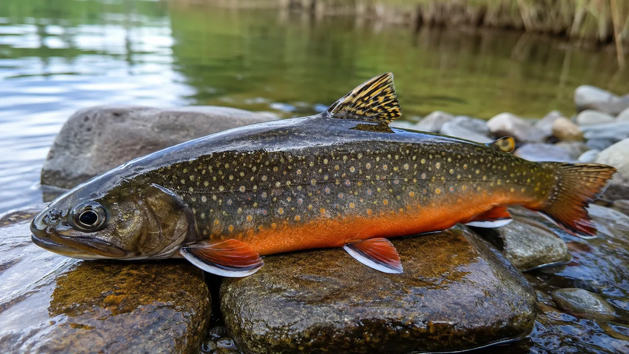 Saibling mit orangem Bauch und weiß gesäumten Flossen