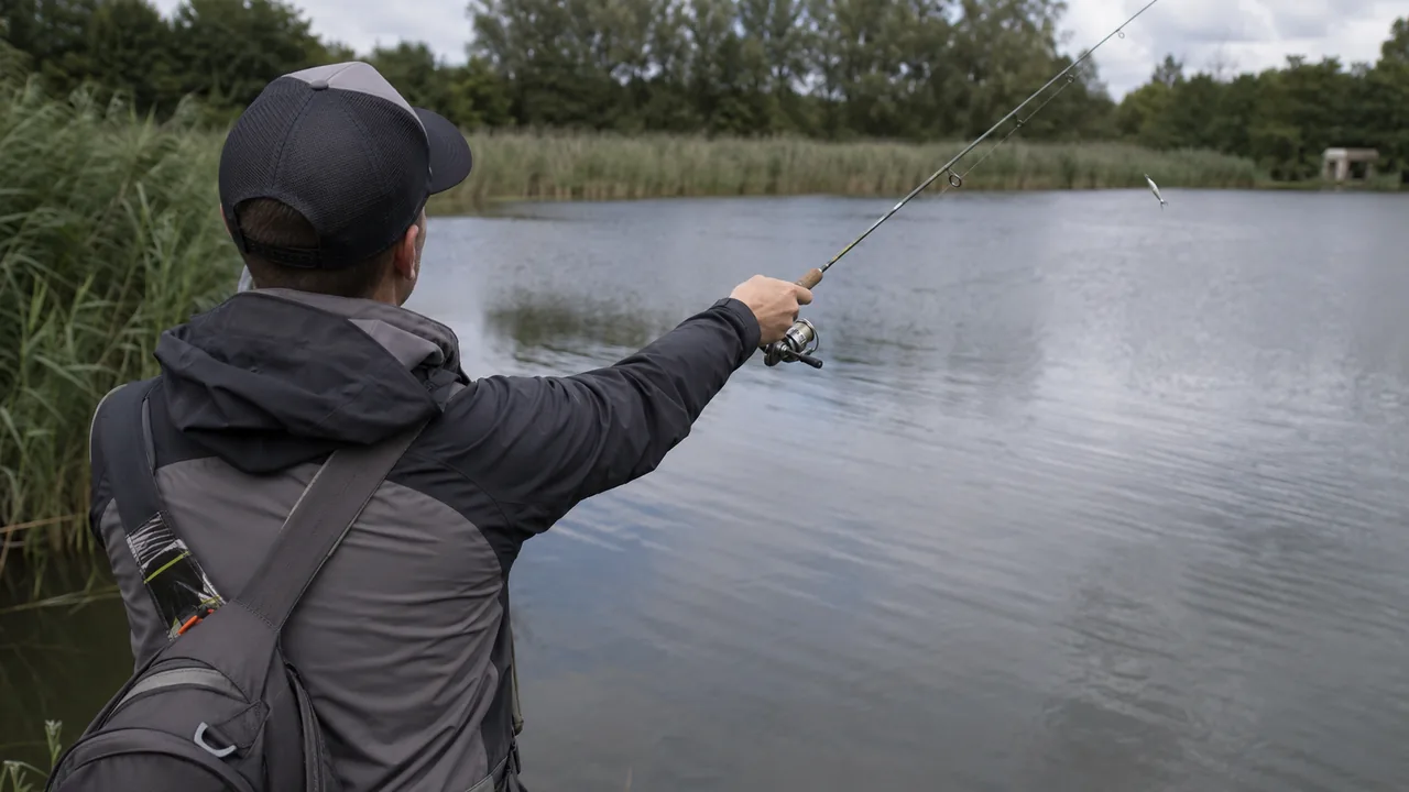 Schleppangeln auf Forelle: Angler zieht den Köder über den Forellensee