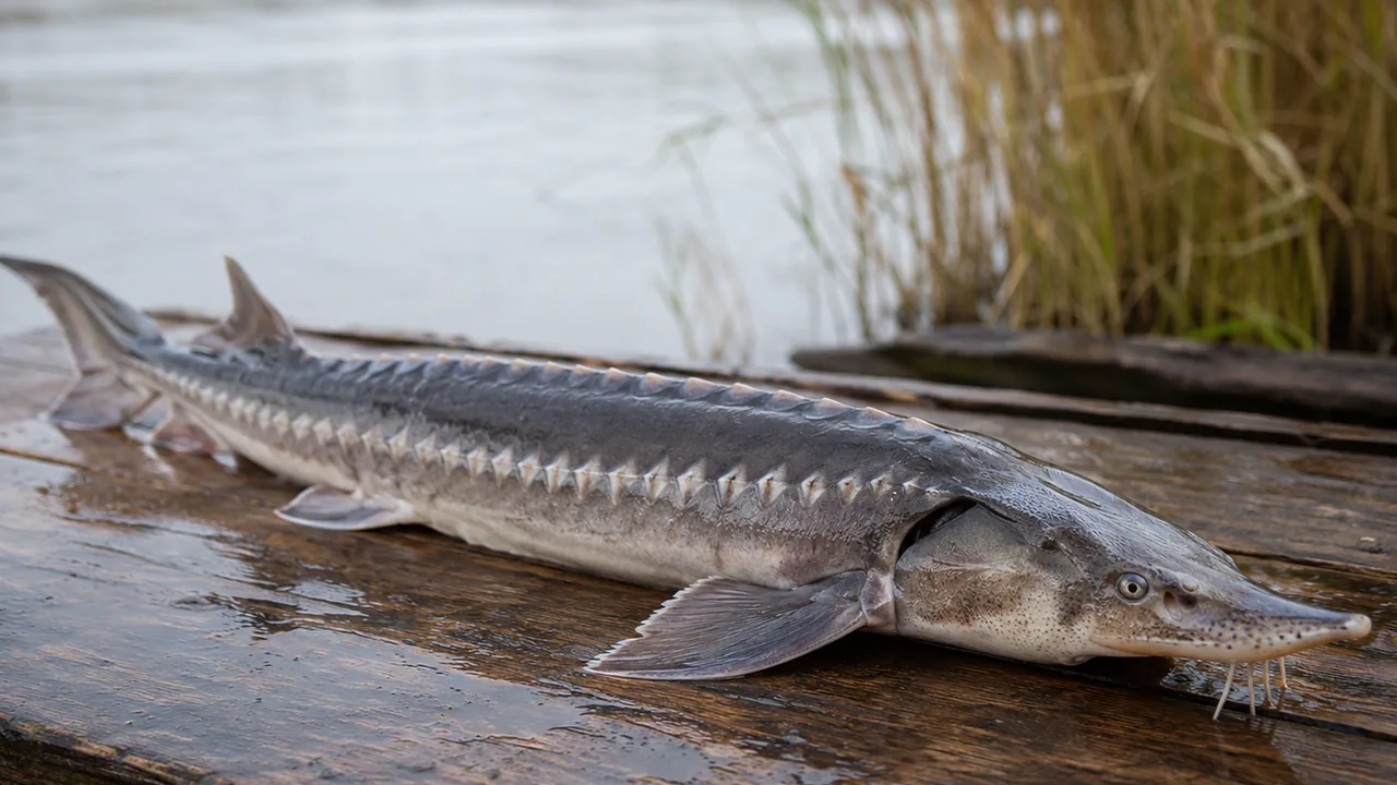 Stör mit Knochenplatten am Wasser