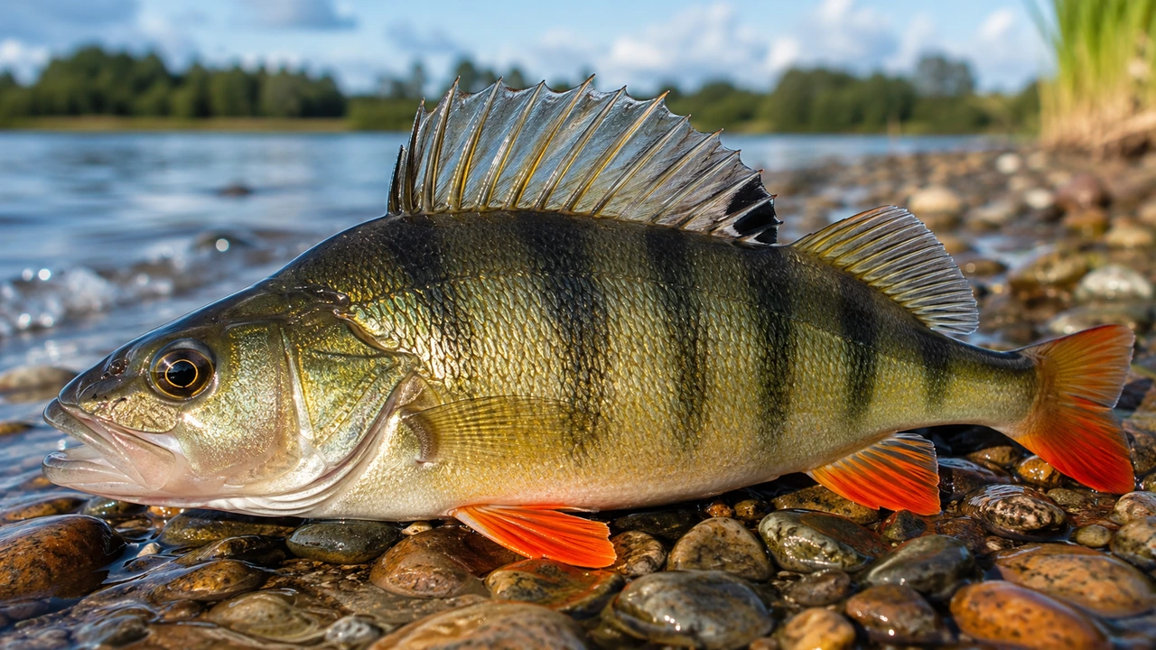 Flussbarsch mit dunklen Querstreifen und orangeroten Flossen auf nassen Kieselsteinen am Wasser