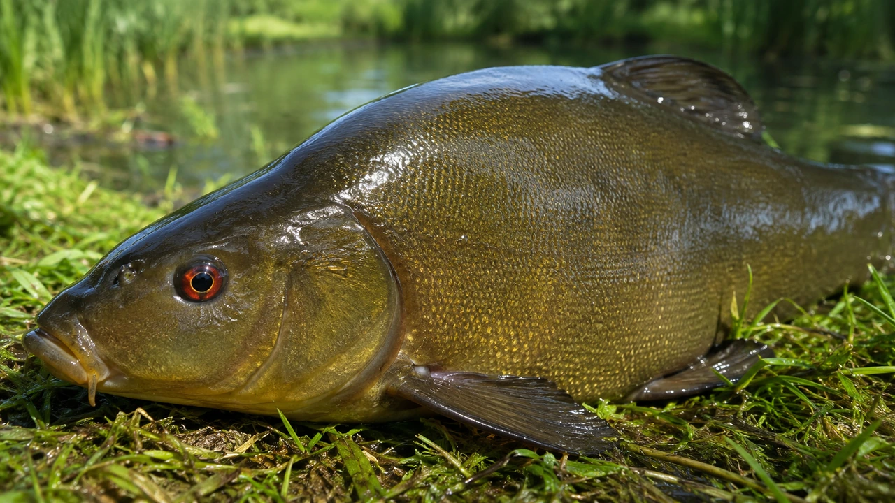 Schleie mit dunkel-olivgrünem, schleimigem Körper und leuchtend rotem Auge auf nassem Grasufer