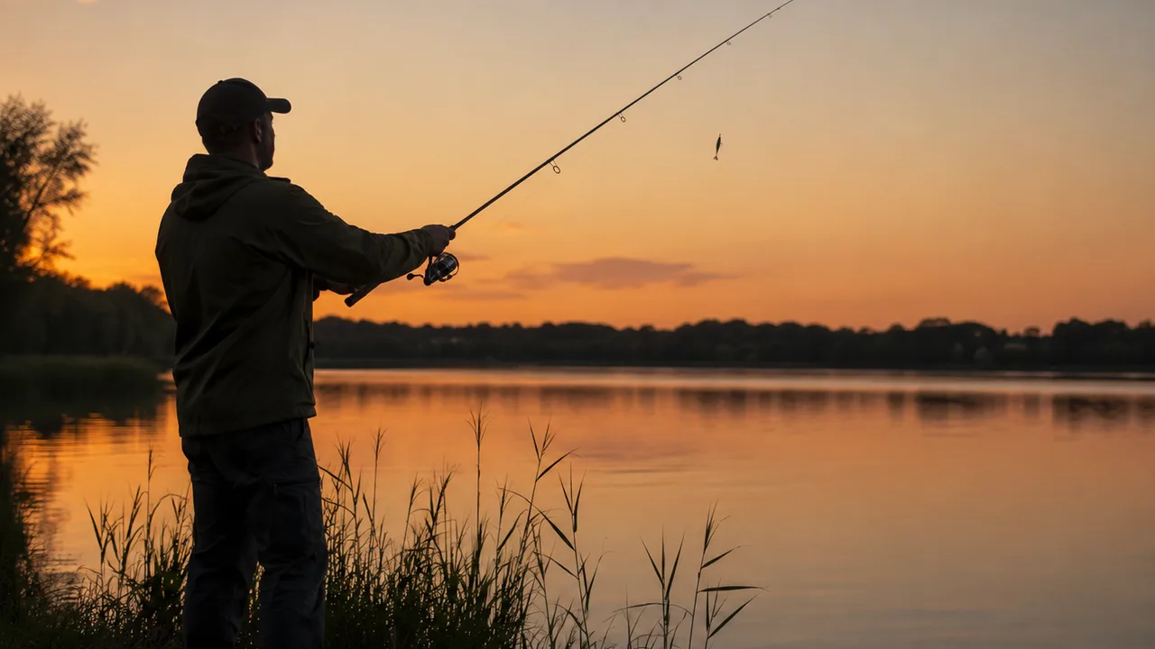 Angler am Waldsee in der Dämmerung, Symbolfoto