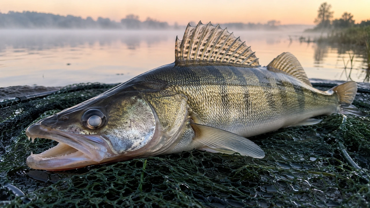 Zander mit stacheliger Rückenflosse und Fangzähnen auf einem nassen Kescher, Morgendämmerung am See